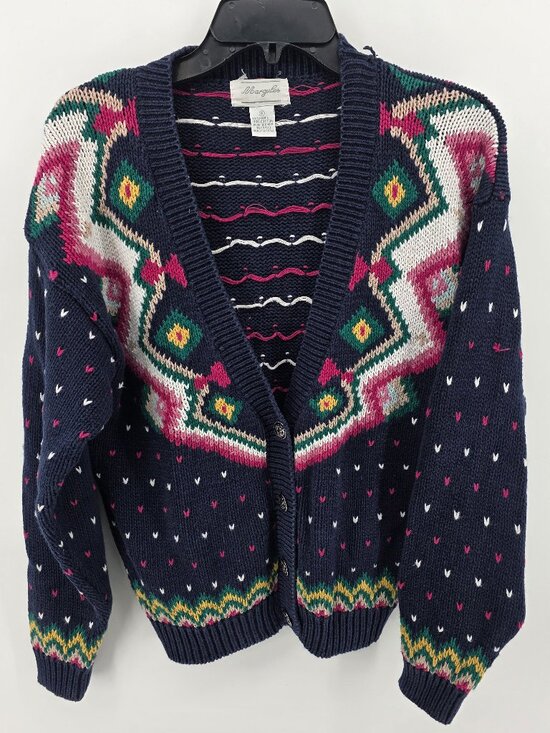 Margules Sweaters - Margules Vintage Navy Fair Isle Heart Knit Cardigan Womens Small 80s 90s